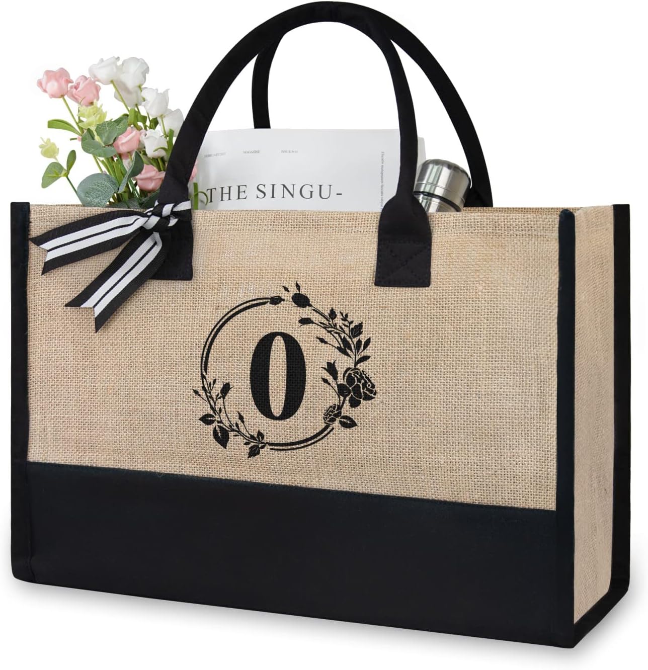 TOPDesignPersonalized Initial Jute/Canvas Beach Bag, Monogrammed Gift Tote Bag for Women