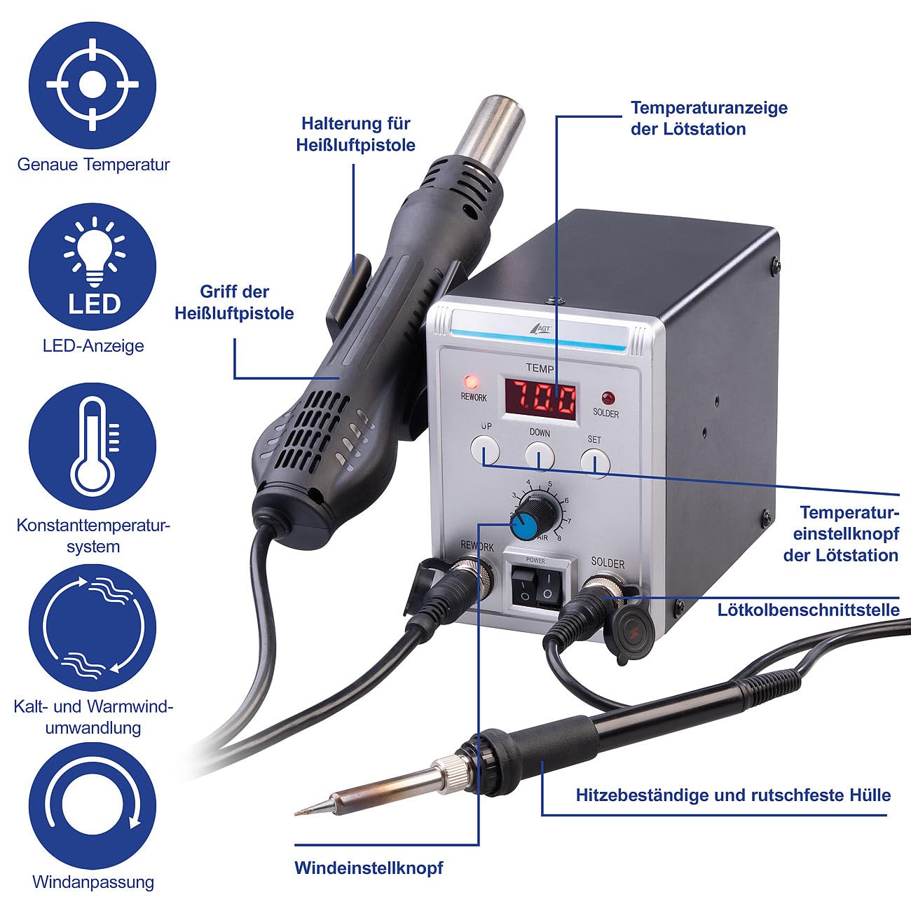 AGT Cyfrowa stacja lutownicza 2 w 1 z gorącym powietrzem ZX3878, 700 W, 500 °C, wyświetlacz LED