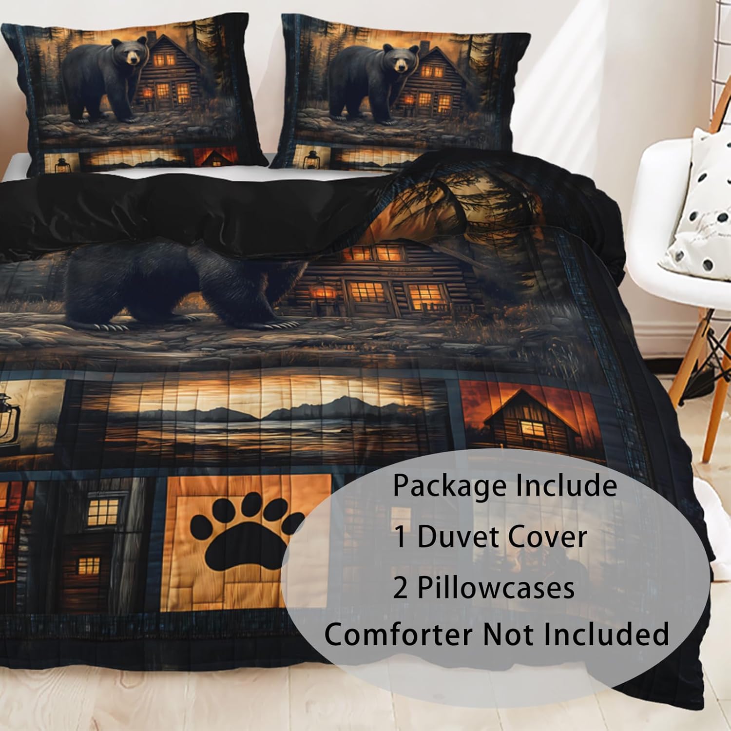 AILONEN Black Bear Duvet Cover Set Queen Size,Hunting Rustic Bedding Set,Country Woodland Wildlife Quilt Cover with 2 Pillowcases,3Pcs