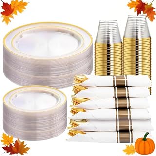 WELLIFE 210PCS Clear-Gold Plastic Plates - Dinnerware Sets for 30 Guests - 60 Disposable Plates, 90 Plastic Silverware, 30 Cups, 30 Napkins for Party