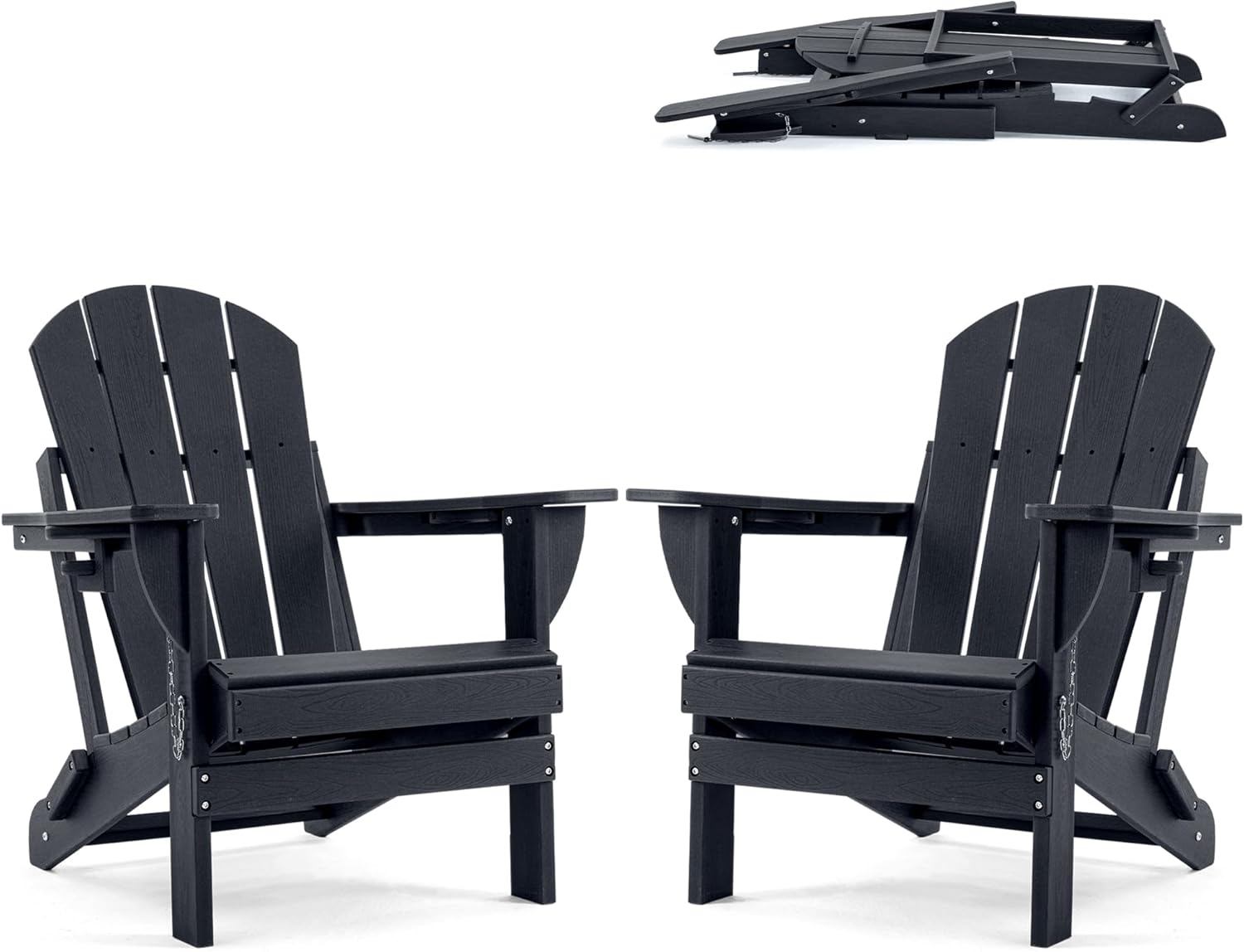 Folding Adirondack Chair, HDPE Outdoor Texture Lawn Chair with Reclining Back, Cup and Phone Holder - Comfortable Firepit Chair Weather Resistant for Patio or Backyard (Dark Black, Set of 2)