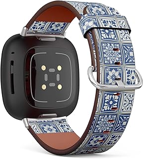 CJBROES Replacement Leather Watch Band, Compatible with Fitbit Versa 3 and Fitbit Sense of Wristband Bracelet Accessory - Ceramic Tiles Blue