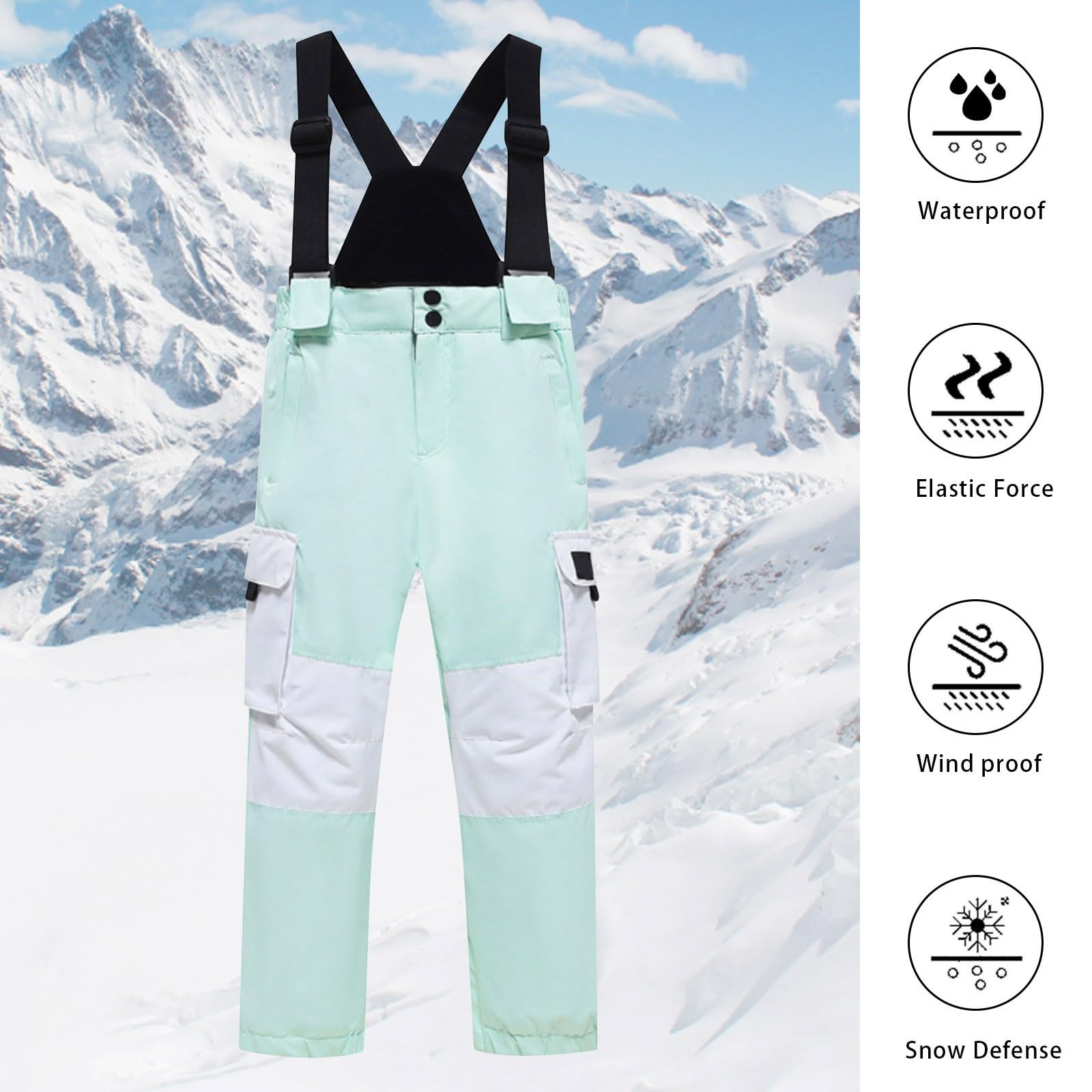 Kinder Skihose Wasserdicht Schneehose Jungen Mädchen Winter Snowboardhose Winddicht Outdoor Latzhose mit Reißverschluss Taschen Elastische Taille Winterhose Warm Ski Hosen Verstellbar Hosenträger