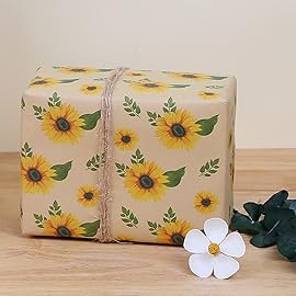 Aimyoo Sunflower Kraft Wrapping Paper Roll, All Occasion Floral Gift Wrap Paper for Wedding Bridal Shower Fall, 17 in x 10 ft
