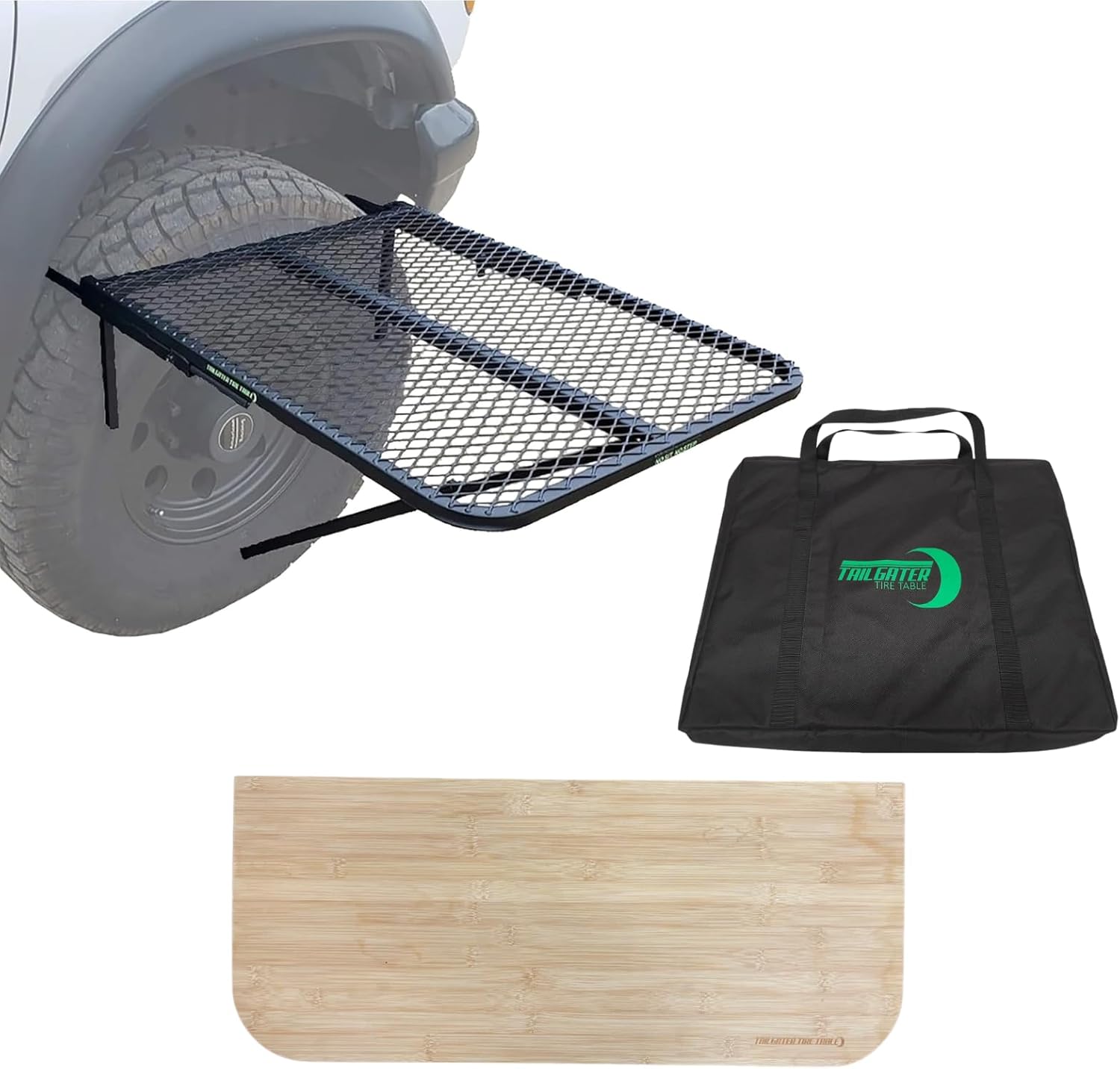 Tire Table with Included Bamboo Cutting Board and/or Carrying Bag, Aluminum or Steel, Small, Medium or Large Sizes, Installs in Seconds, Check Bullets for Dimensions and Compatibility