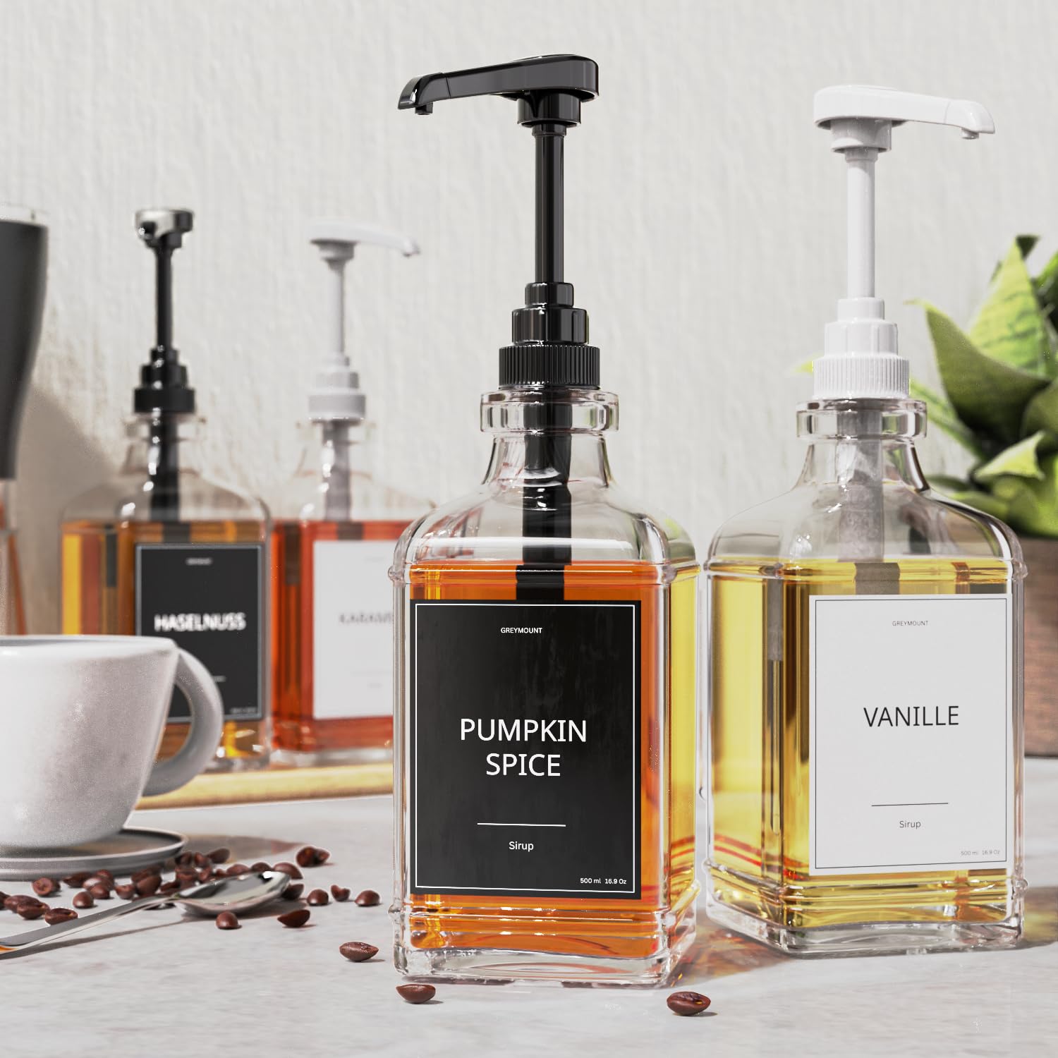 Set 4 Distributeurs Sirop GREYMOUNT 500ml Verre - Pompes Dorées, Étiquettes, Entonnoir