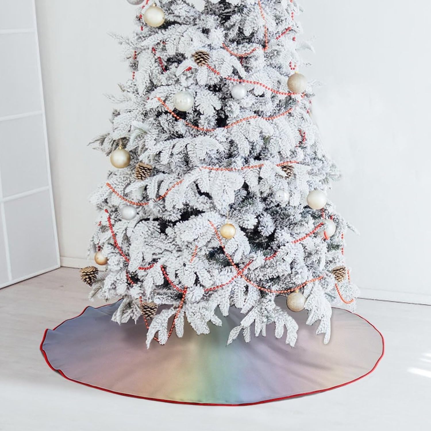 Waterproof Christmas Tree Skirt for 3-4 Ft Tree, Reflective Square Xmas Tree Skirt, Winter Holiday Tree Collar for Artificial & Natural Trees Decoration, Festive Round Floor Mat for Xmas Parties