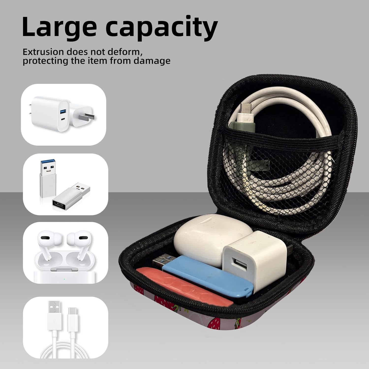 Square Data Cable Earbud Charger Coin Storage Bag Shockproof and Drop-Proof EVA Material Compatible with AirPod(Cute Strawberry) - Image 4