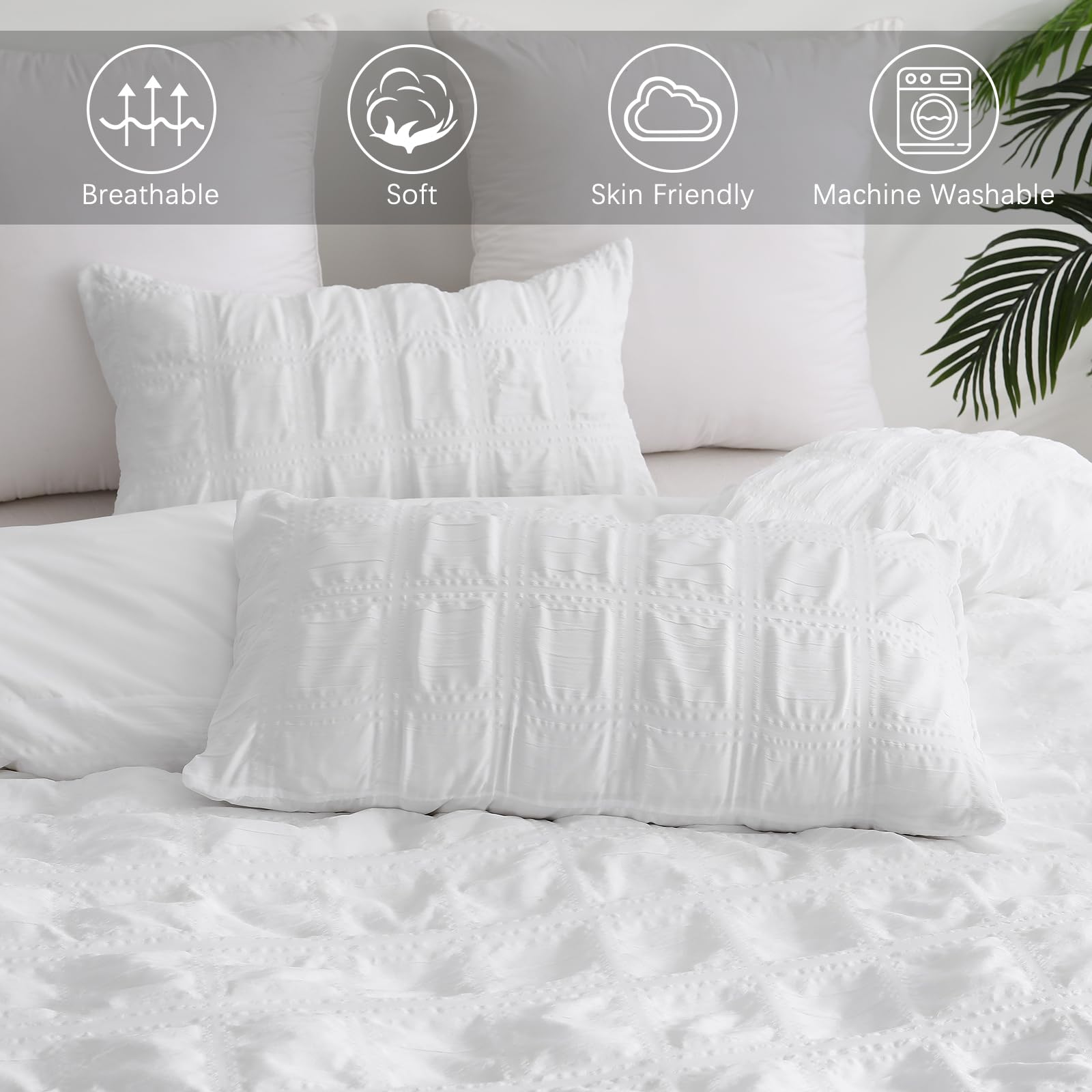 Fondream White Seersucker Duvet Cover King Size Pompom Tassels Design Bedding Set Textured Bedding Set including Zipper Closure (White - Image 3