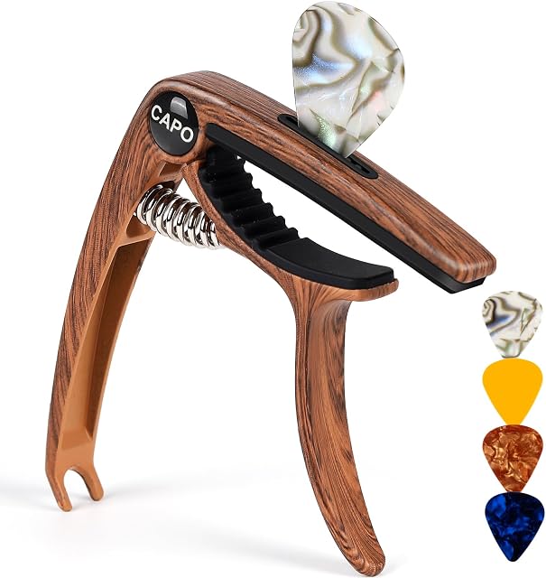 AARVI Guitare Capo 6-String pour Acoustique & Guitares électriques - Pince universelle avec 4 Picks Premium - Compatible avec Ukulele, Banjo, Mandolin (Rosewood)