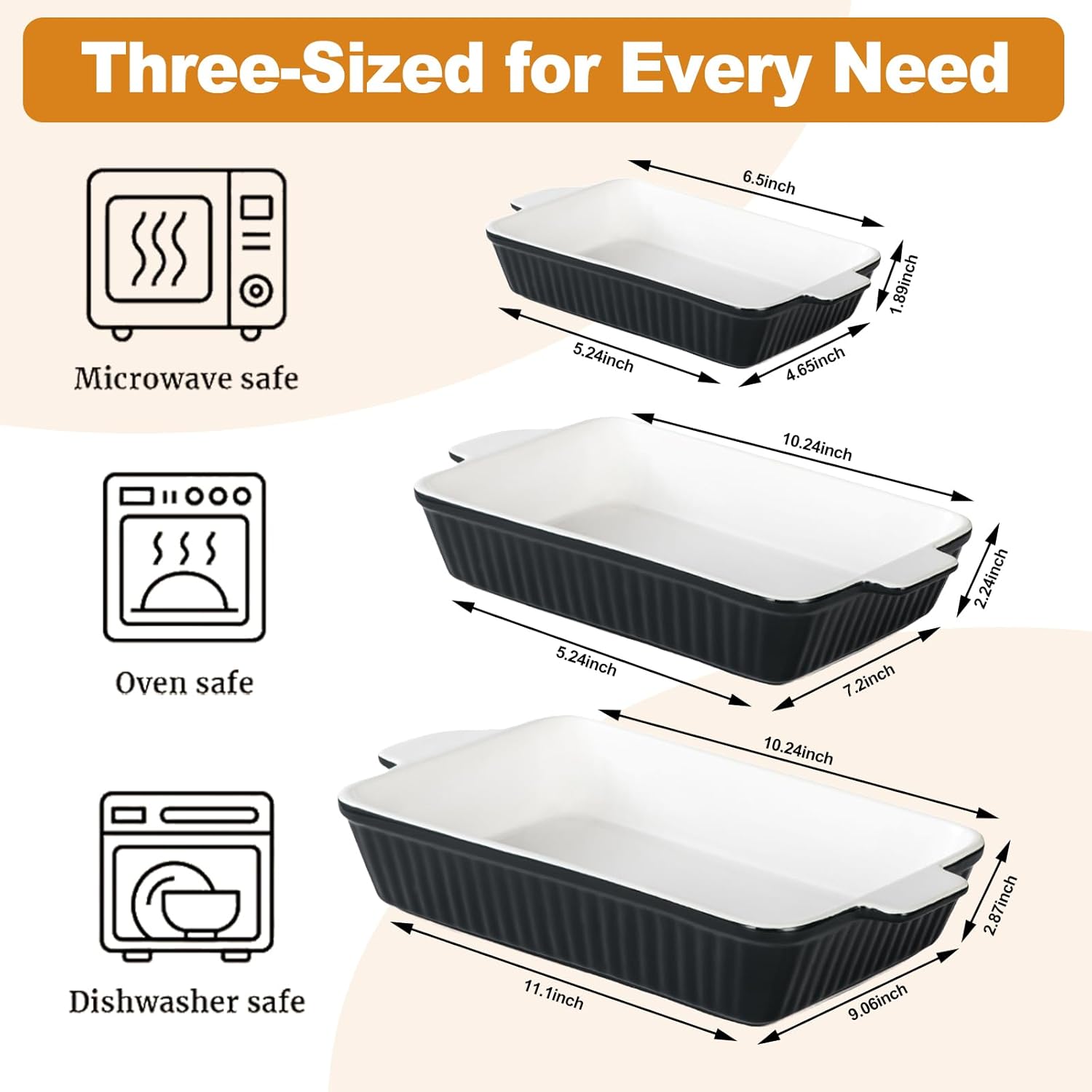 Casserole Dishes for Oven, Porcelain Baking Dishes, Ceramic Bakeware Sets of 3, Rectangular Lasagna Pans Deep with Handles for Baking Cake Kitchen ﻿ (black)