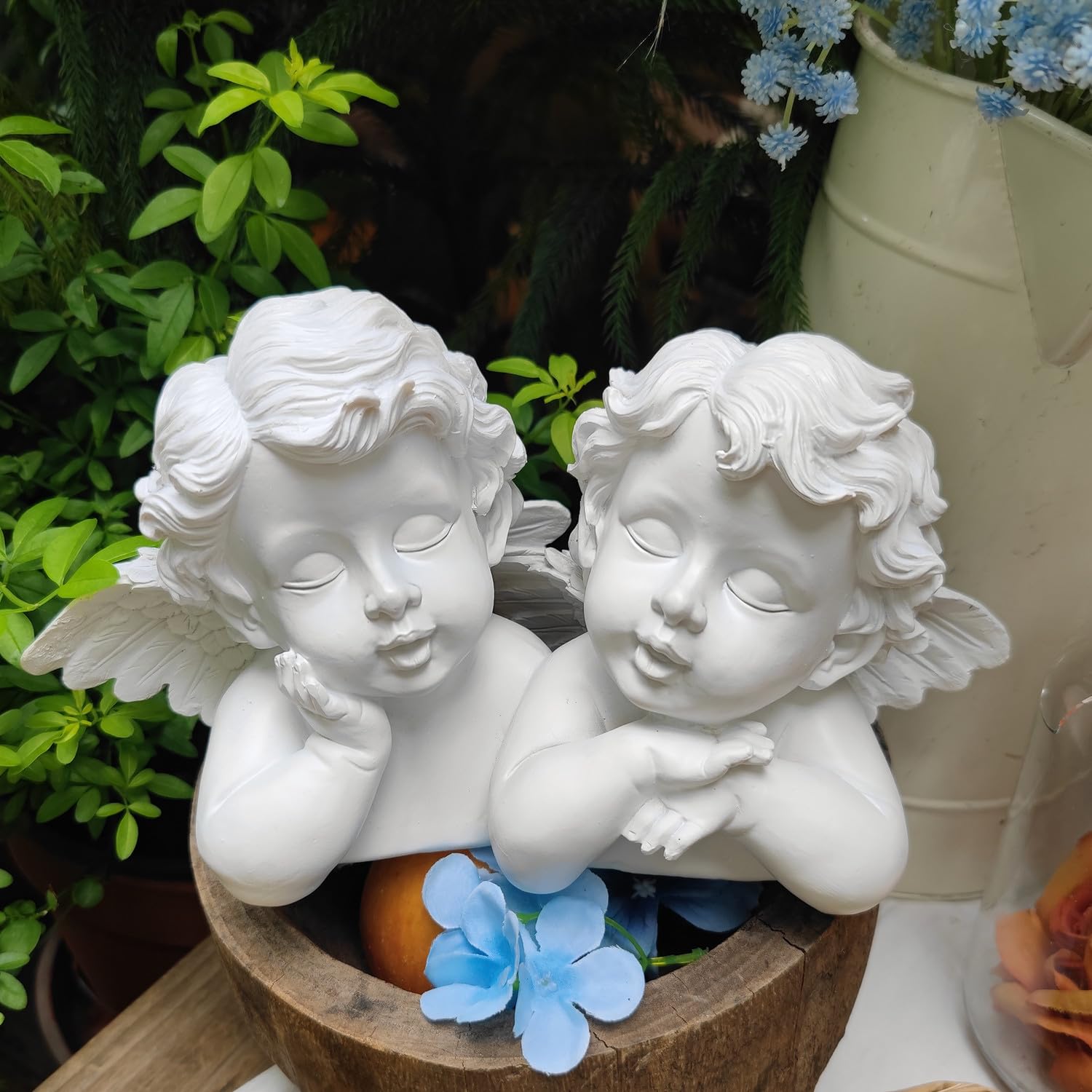 Vanzune White Double Cherub Angel Statue Resin Cupid Figurine For Shelf Tabletop Garden Patio Decor, Vintage Angel Sculpture