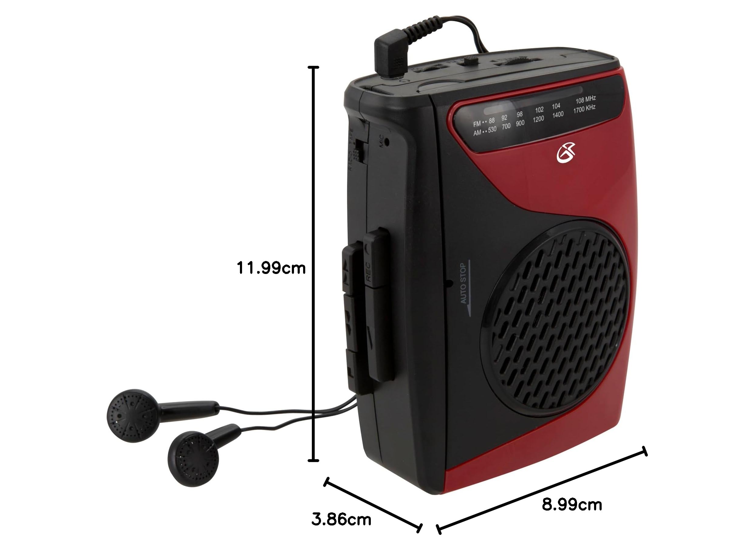 GPX CAS337 Tragbarer Kassettenspieler mit AM/FM-Radio/Sprachaufzeichnung (Rot/Schwarz)