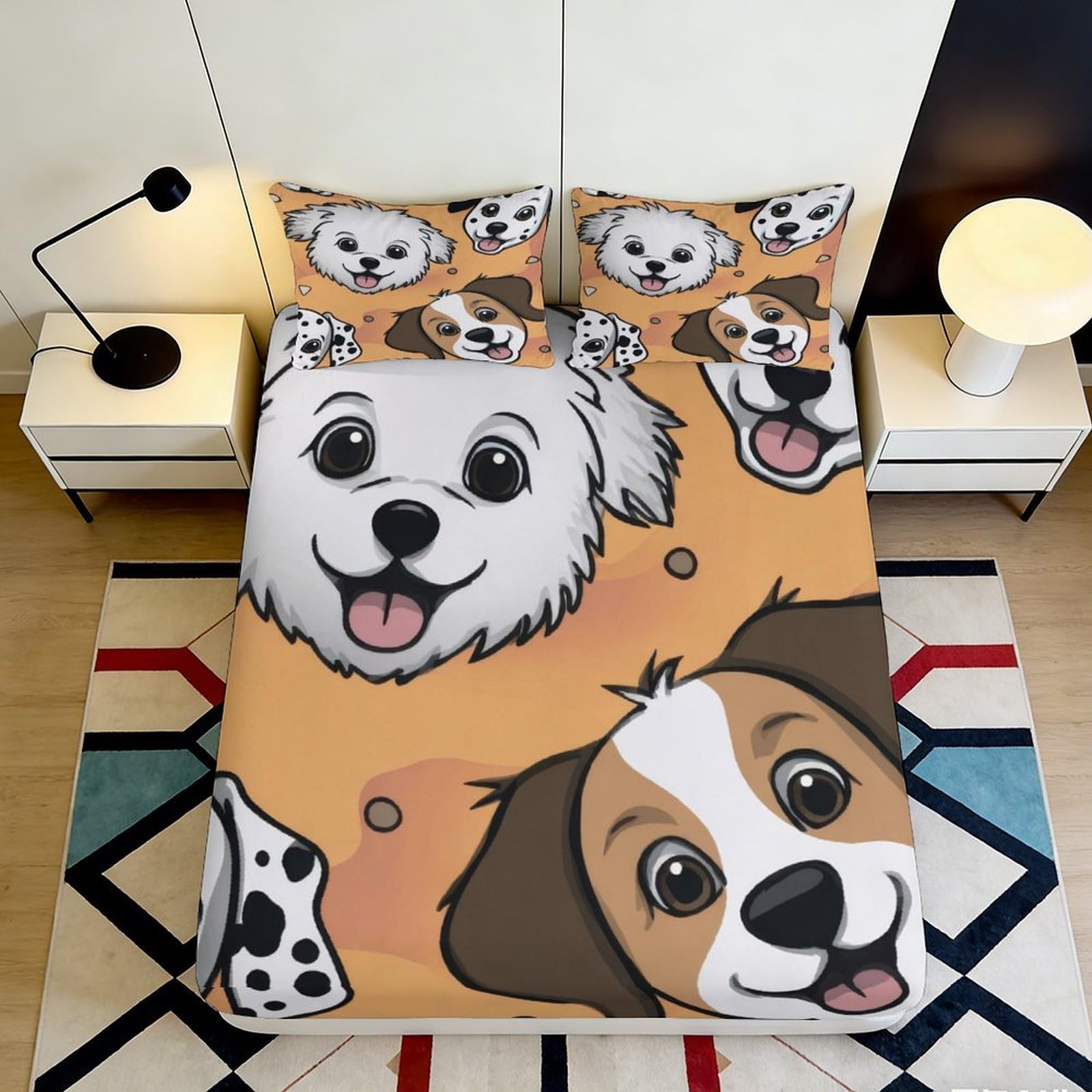 3D Printed Cartoon Dog Fitted Sheet Microfiber Deep Pocket Non-Slip Cartoon Dog Mattress Fitted Cover Bedroom Bedding for All Ages 200x200x25cm 90x200x25cm