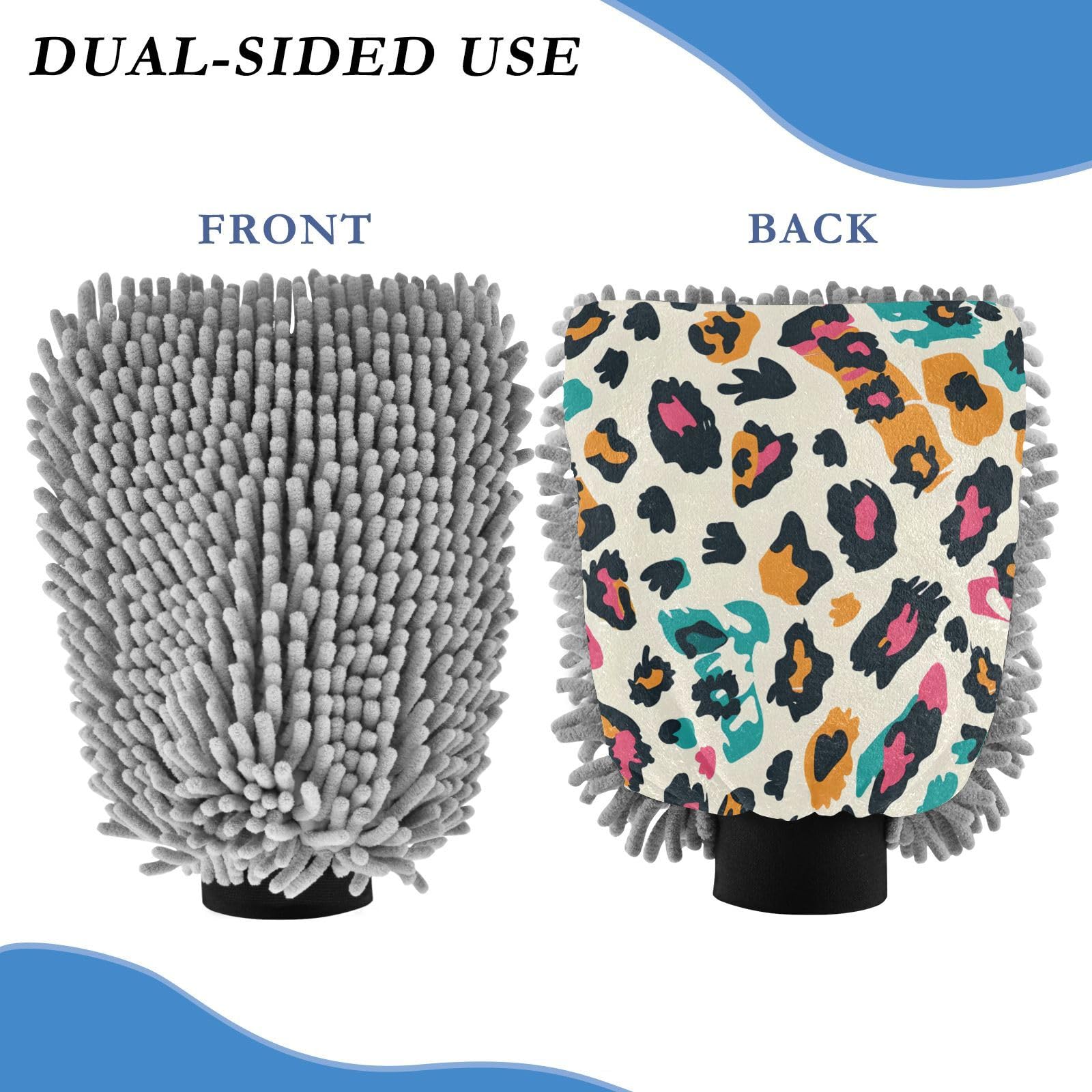 IOACIY Absorbent Microfiber Car Wash Drying Mitts, 2 Pack, Scratch-Free & Lint-Free, Rich Foam, Highly Absorbent, Double Sided, Wash Mitt Perfect for Car Washing, M, Cheetah (4)