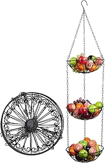 LOMOFI Panier à Fruits à Suspendre, Multifonction Corbeille a Fruits 3 etages,métal Coupe de Fruit Design Noire, Panier Suspendu réglable Organisateur de Cuisine,Hauteur 113cm
