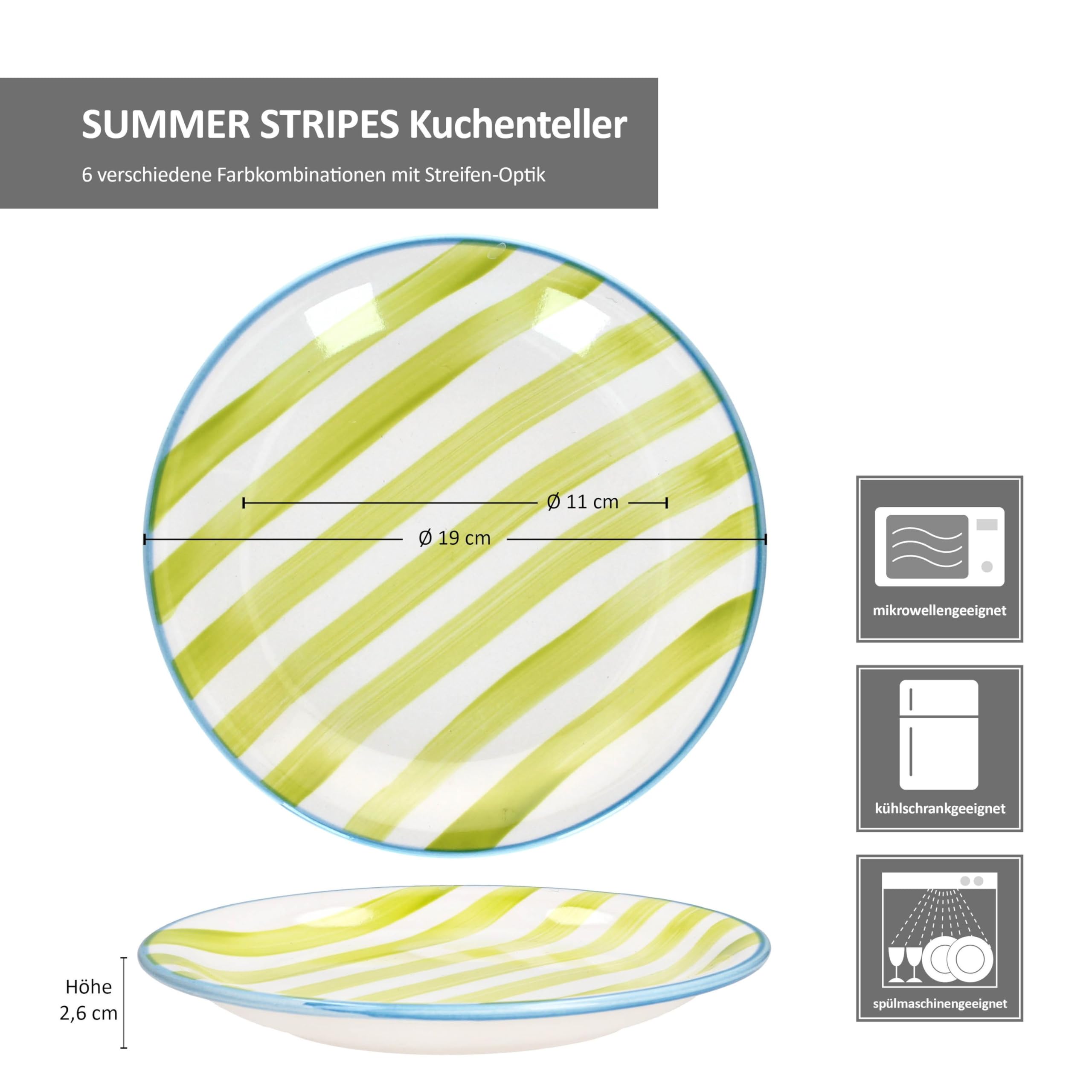 MamboCat Summer Stripes Lot de 6 assiettes à gâteau, en faïence, avec rayures colorées, pour 6 personnes, petites assiettes pour salade, dessert, amuse-bouches, etc.