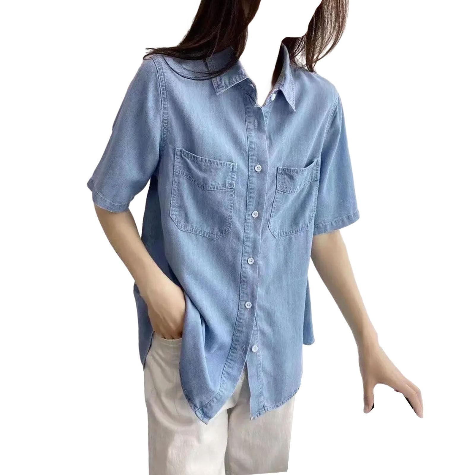 Camicia da donna in denim di cotone, collo con risvolto, maniche corte, vestibilità ampia, controllo della pancia, top casual