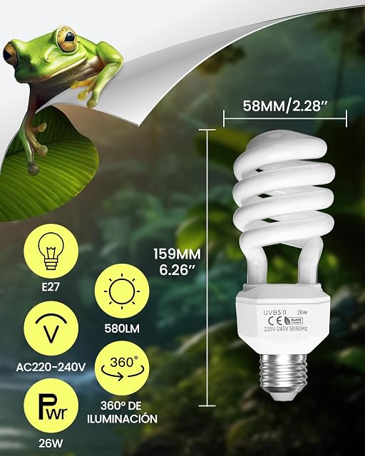 Foto 5 de 6 de TobeBright 26W E27 Bombilla UVB 5.0 para Camaleon AC220-240V UVA UVB Lamp Reptiles Bombilla Fluorescente…