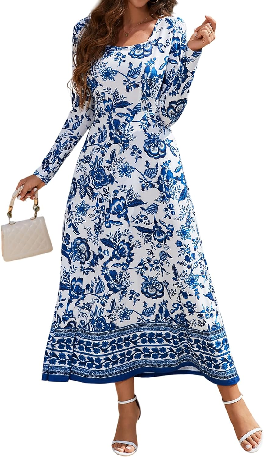 Womens Long Sleeve Dresses Casual Spring Maxi Dresses Square Neck A Line Elegant Flowy Dresses with Pockets