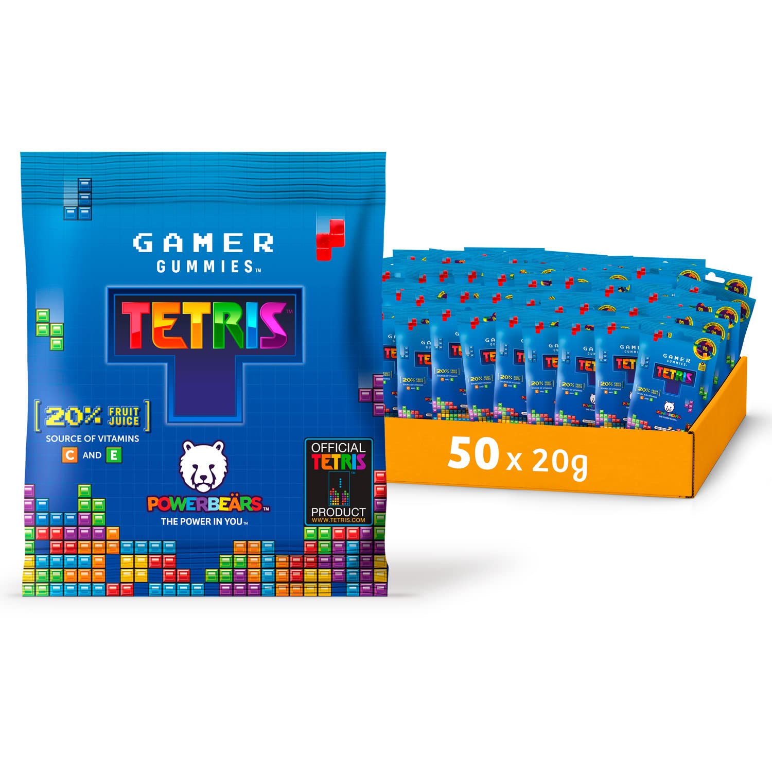 Powerbeärs Gamer Gummies - 50x20g Gummibärchen in Tetris-Formen - Gummibären mit 20% Fruchtsaft und Vitaminen, 8 fruchtige Geschmacksrichtungen
