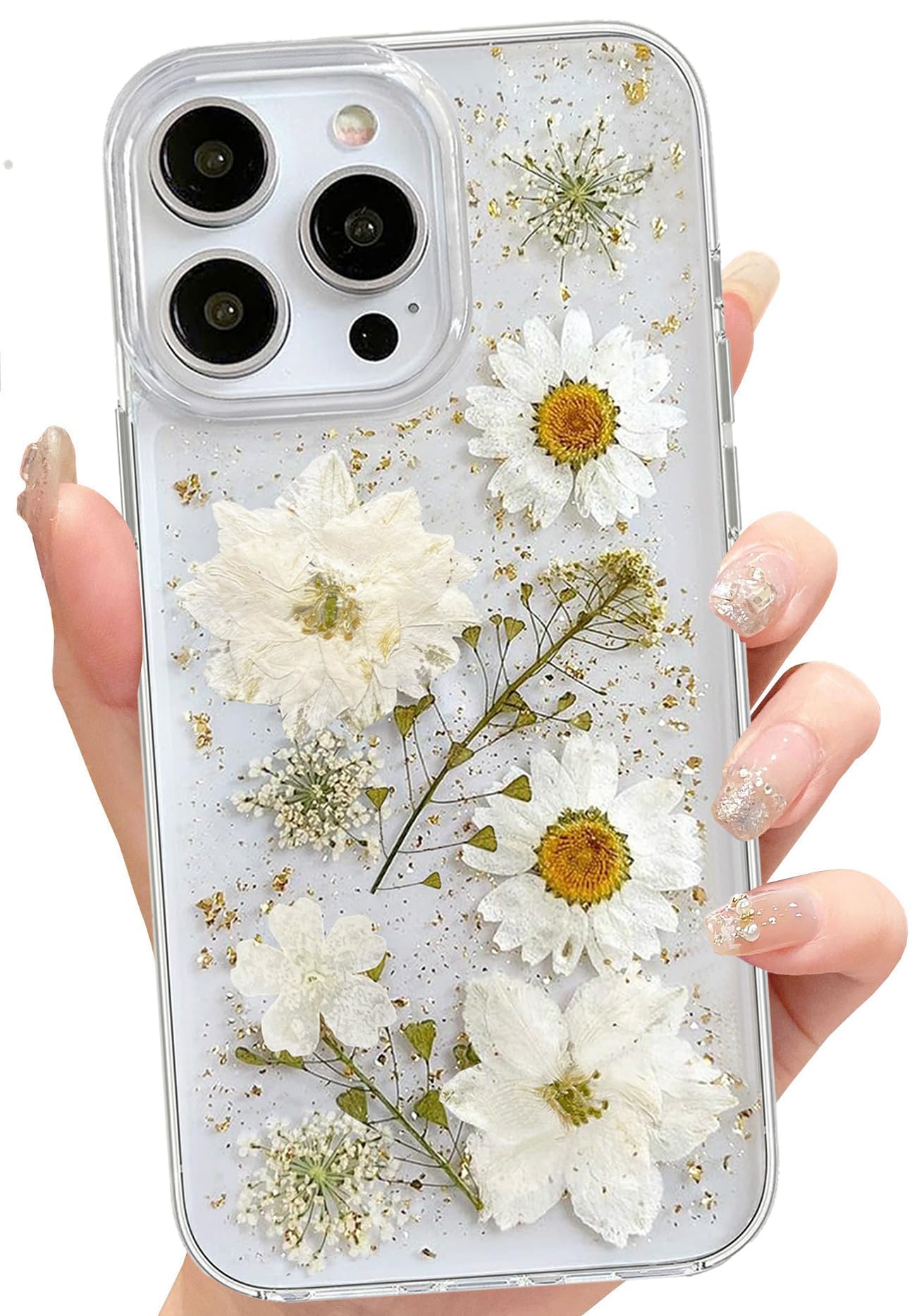 Abbery for iPhone 13 Pro Max Case Cute Clear with Real Pressed Flowers Design Girly Glitter&Sparkle Cute Dried Gold White Floral Slim Soft TPU