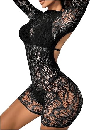 OYOANGLE Women's Floral Lace See Through Long Sleeve Sheer Mesh Hollow Out Bodysuit Romper Jumpsuits
