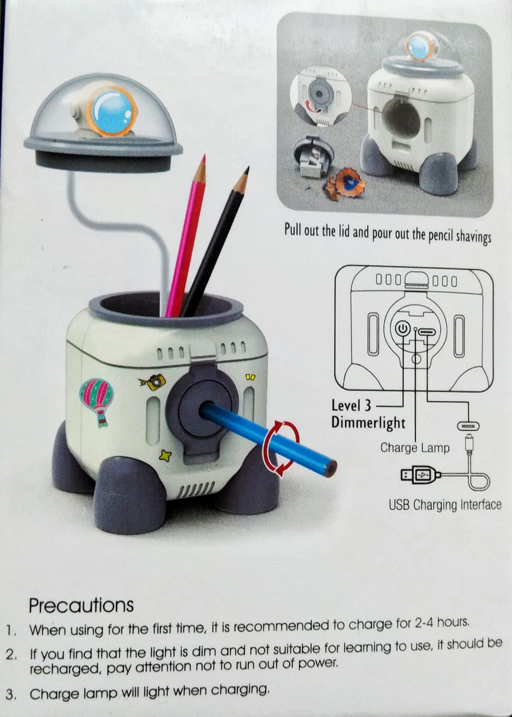 CARU CRAFT Desk Lamp Cartoon Shaped Manual Pencil Sharpener, Table Sharpener Machine with Rechargeble LED Light Table Lamp for School, Office, Stationery Gift for Birthday (Space Grey) 4