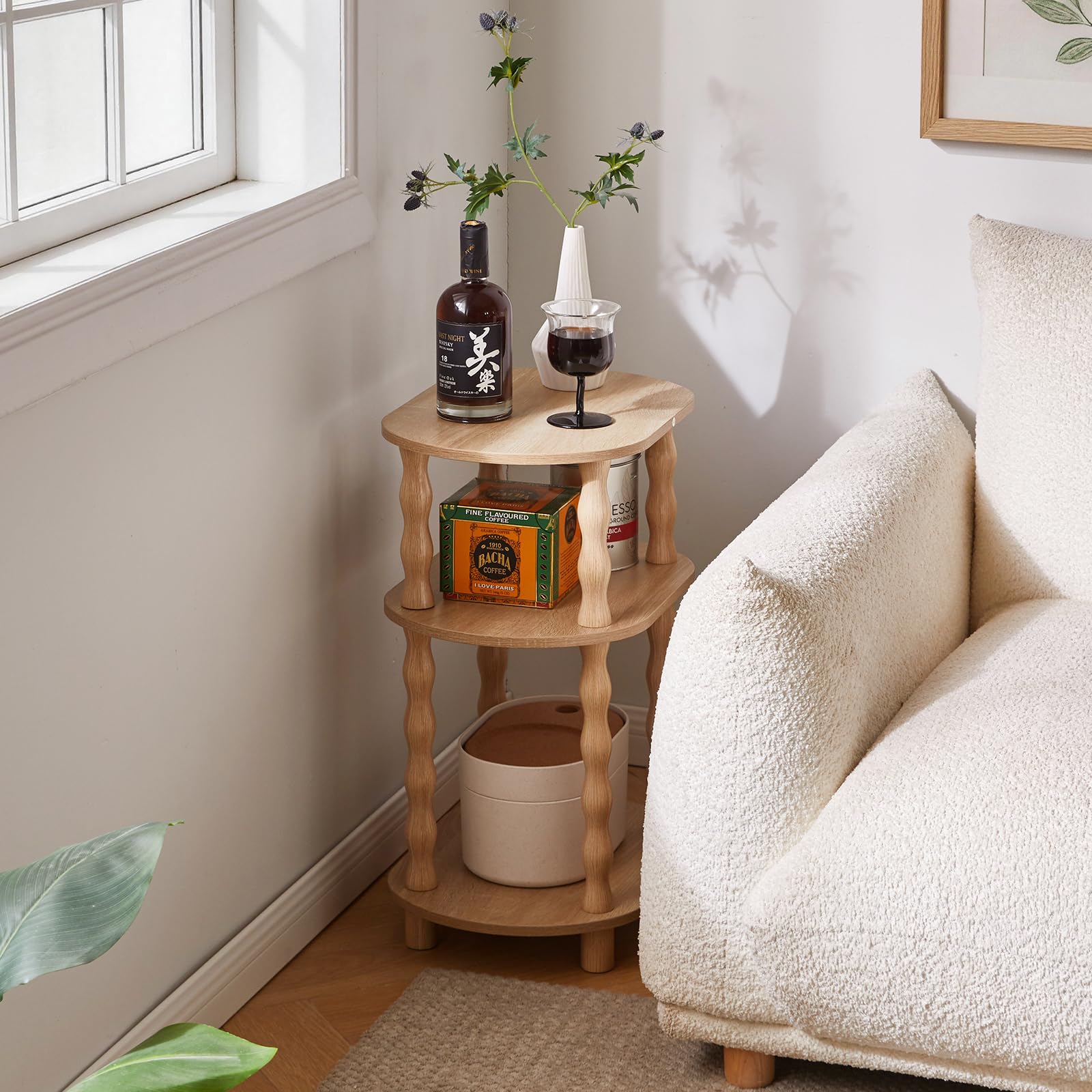 Aibiju Mesa Auxiliar de 3 Niveles con Patas de Madera Maciza, Pequeña Mesa Auxiliar Ovalada, Mesita de Noche con Estante para Dormitorio, Sala de Estar y Pasillo, Roble YD-ST004R