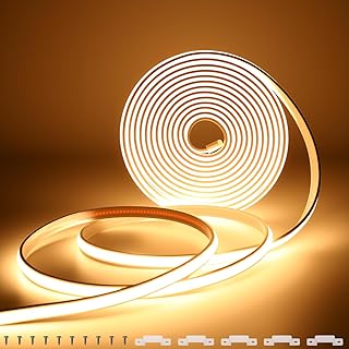 COB LED Streifen warmweiß 5m 24V, LED Strip Ohne Adapter dimmbar Wasserdicht IP67 Neon 320LEDs/M, Superhelle Silikon Flexibel Lichtleiste Selbstklebend für Küche, Innen Aussen Deko, CRI90+