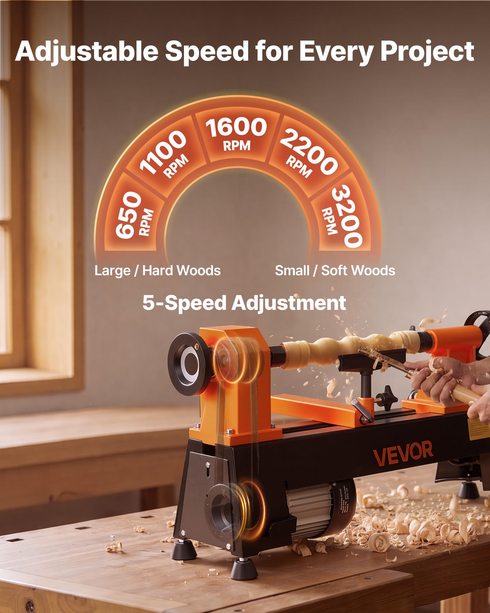 VEVOR Tornio per Legno da Banco 375 W 254 x 465 mm 5 Velocità Regolabili