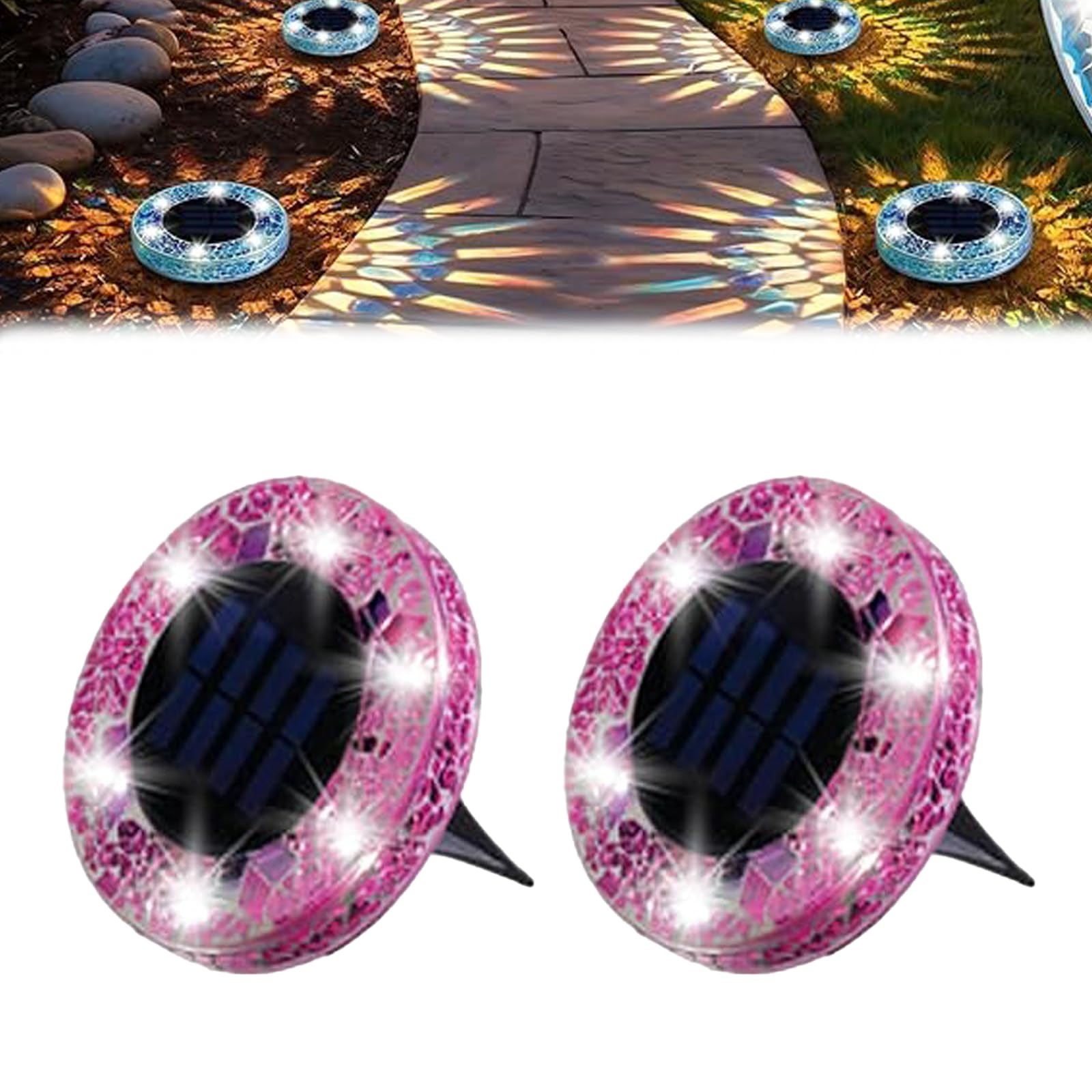 Mosaic Solar Disk Light, Waterproof Outdoor Glass LED Garden Stake Lighting, Colorful Landscape Yard Decor for Walkway, Patio & Lawn, Auto On/Off Decorative Driveway Lamps (Purple-2pcs)