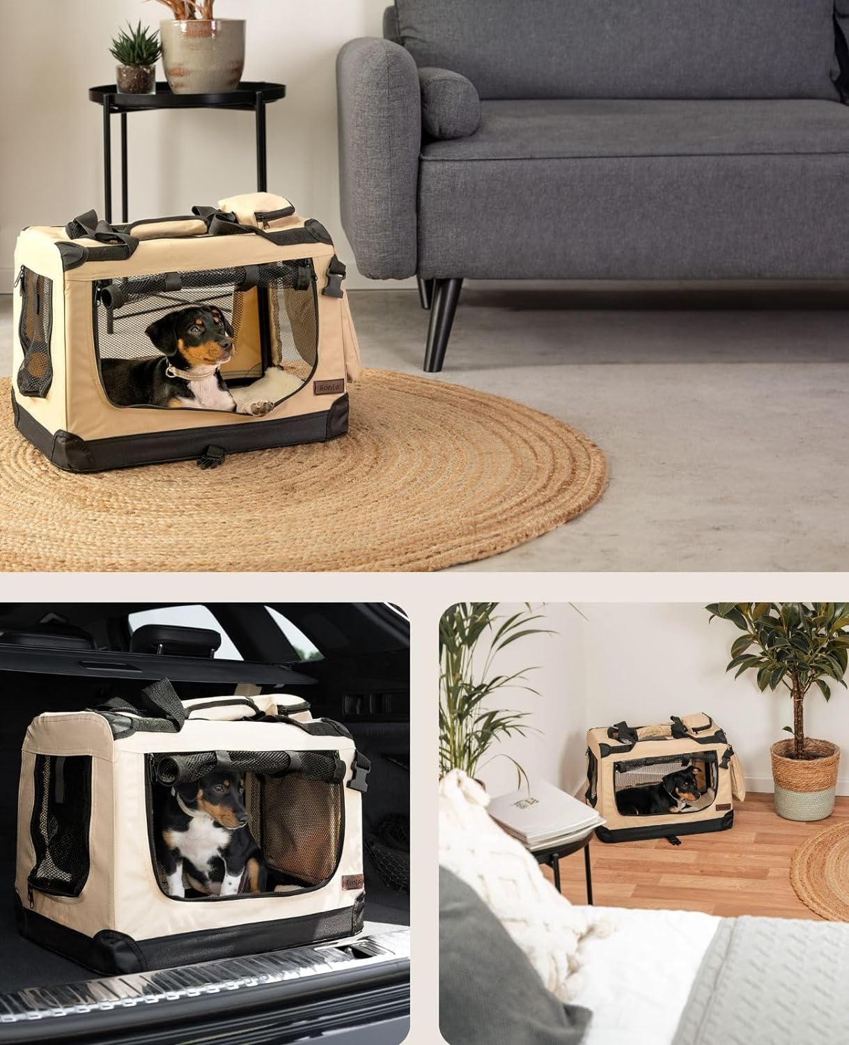 lionto Borsa trasportino per cani pieghevole per viaggi e auto, 50x34x36 cm, box di trasporto stabile con maniglie per gatti e animali fino a 10 kg, scatola in tessuto, beige