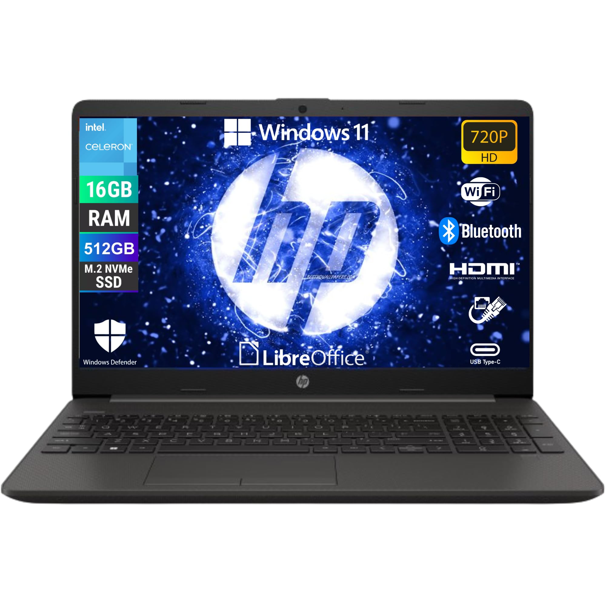 HP 250 G9, Notebook Computer Portatile, Intel N4500, Display HD da 15,6", Ram 16 Gb DDR4, SSD NVMe 512 Gb, W11 Pro, Libre Office Preconfigurato