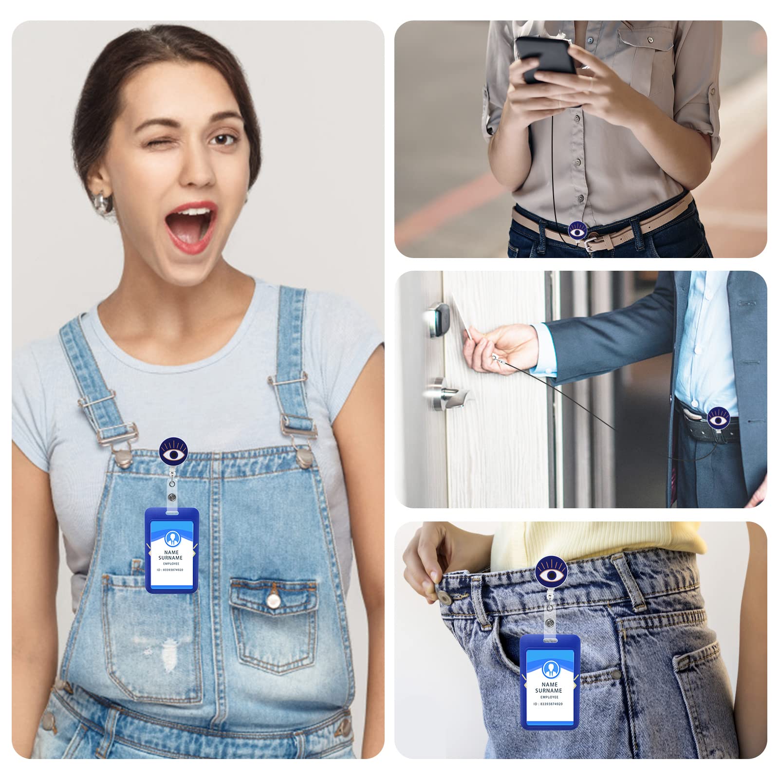 Badge Reel Intrekbare Heavy Duty met draaibare karabijnhaak clip, boze oog ID badge houder met gescheiden lanyard, ID-kaarthouder sleutelhanger naam badge clip voor verpleegster leraar vrouwen (blauw