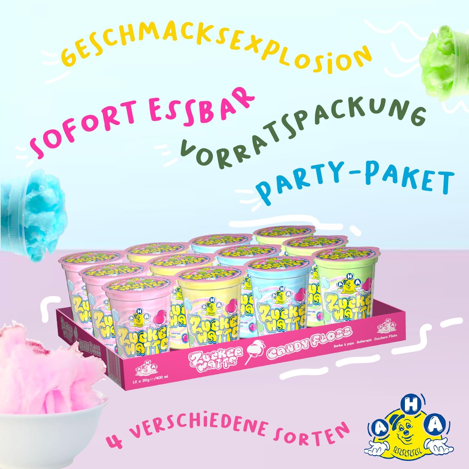 AHA Zucchero filato 4 varietà colorate, 36 x 20 g, in tazza, qualità premium, confezione di scorte, 4 gusti come al mercato annuale, per feste, casa, feste in giardino, celebrazioni