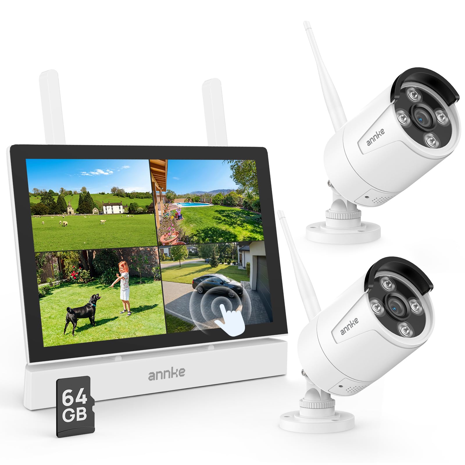 ANNKE 2K Überwachungskamera Set mit Monitor, 4CH 7" Touchscreen NVR, 64GB | 2X 3MP WiFi Kamera, Vollmetallmaterial, Farbnachtsicht, 2-Wege-Audio, Personenerkennung, Arbeiten ohne WLAN, 24/7 Aufnahme