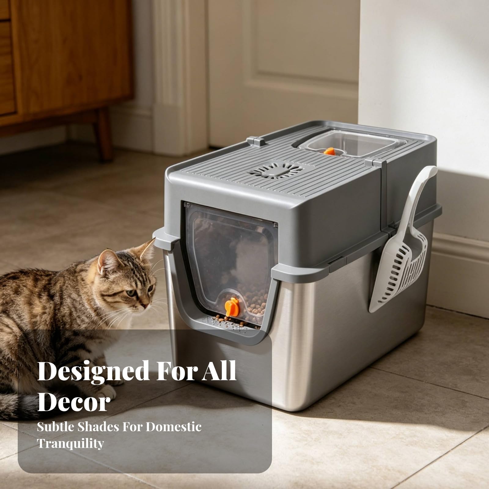 Enclosed Litter Container Lettiera Chiusa Gatto Cassettina Gatti Toilette Gatti Box Sabbia in Acciaio Inox con Ingresso Frontale E Apertura Dall Alto, Grigio Scuro, style to 3