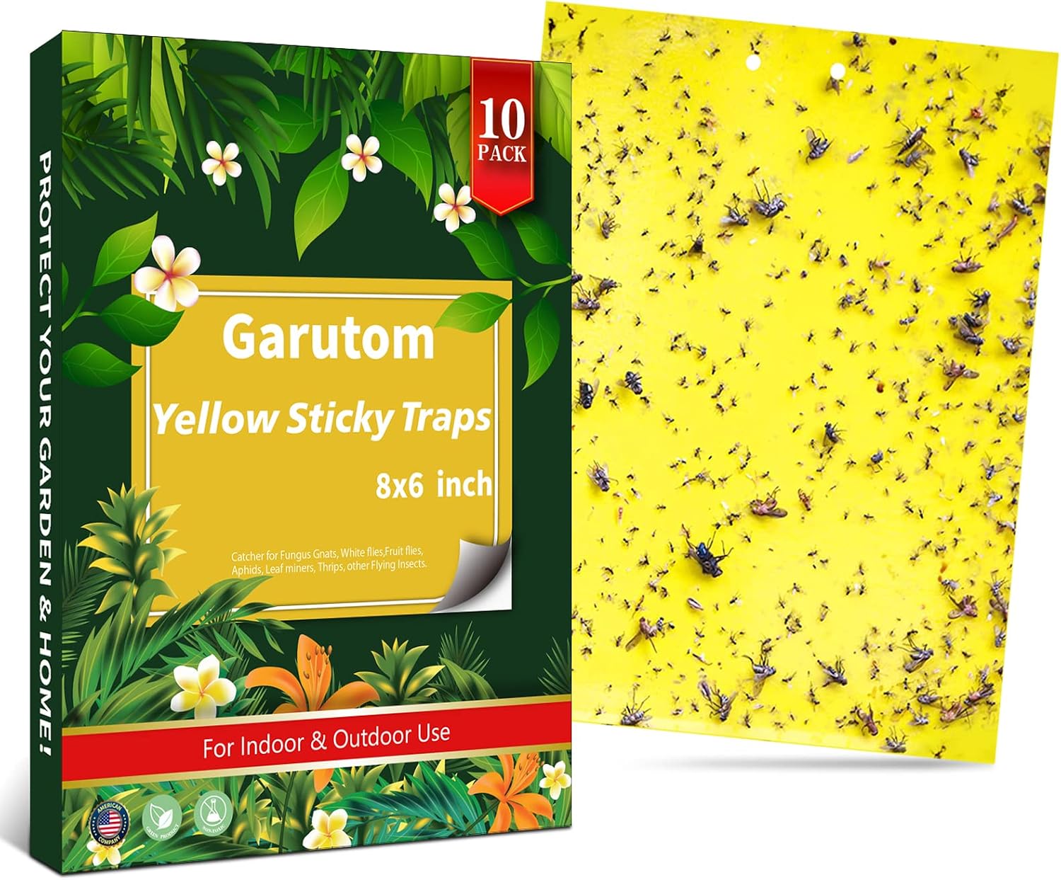 Garutom 10-Pack Dual-Sided Yellow Sticky Traps for Flying Plant Insect Such as Fungus Gnats, Whiteflies, Aphids, Leafminers, etc (6x8 Inches, Included 20pcs Twist Ties)