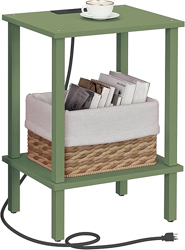 Miniatura 13 de TUTOTAK Mesa auxiliar con estación de carga, mesa auxiliar con puertos USB y tomacorrientes, mesita de noche, estante de almacenamiento de 2