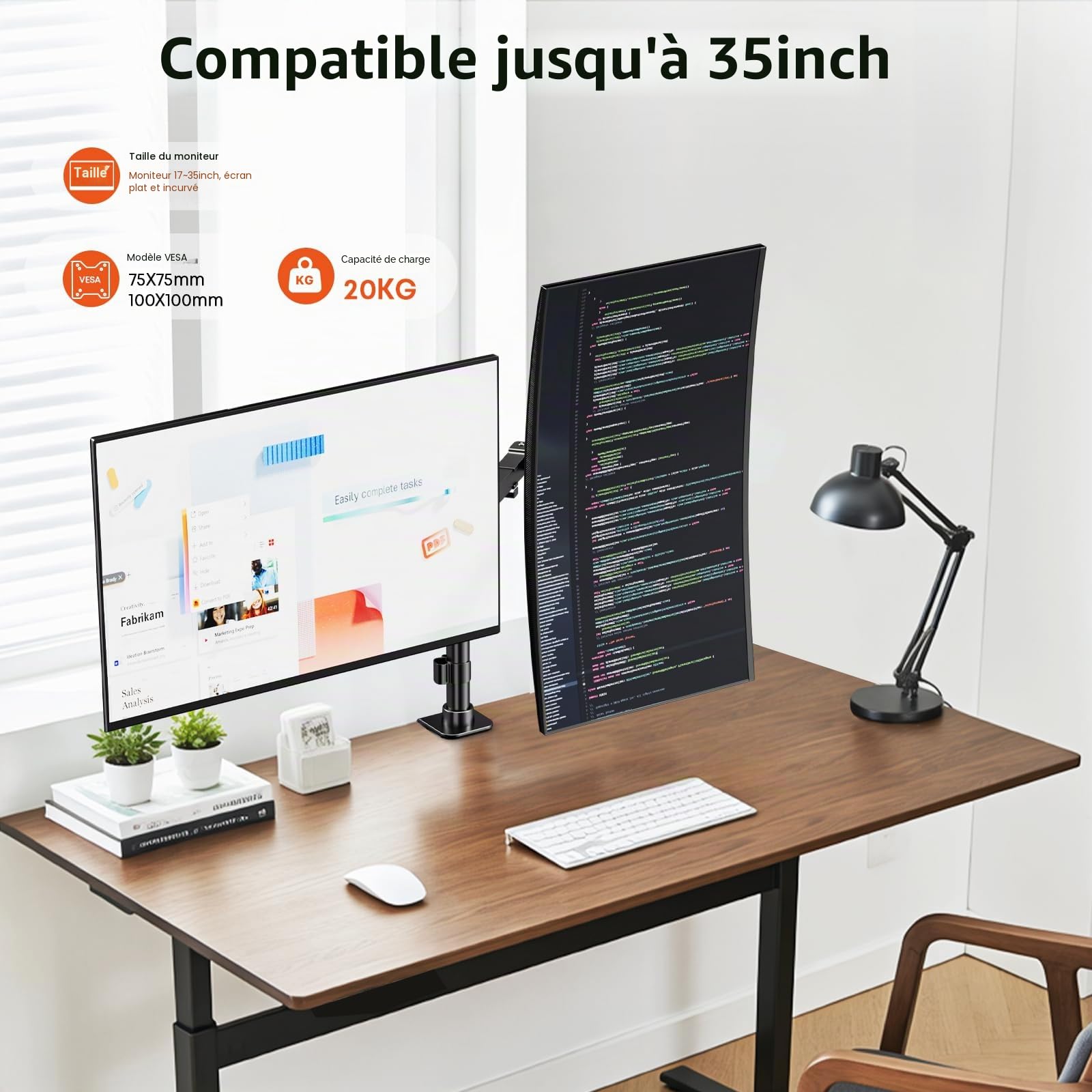 Support Ecran PC 2 Ecran pour 17~35 Pouces, Réglable Plat et incurvé Bras Double ecran pc, 20 kg par Bras, VESA 75 x 75/100 x 100