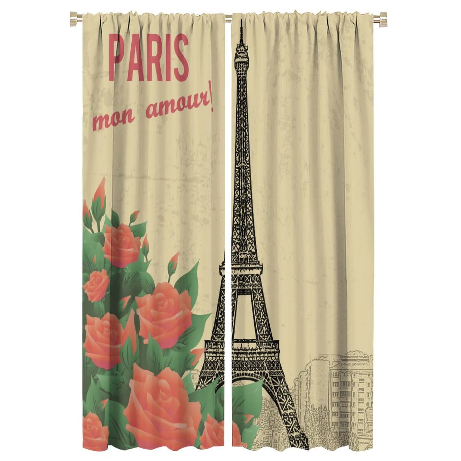 JESTRONRY Eiffel Tower Rose Curtains,Vintage Paris Romantic Valentine Theme for Couple Home Decor Window Drapes 2 Panel Set for Living Room Bedroom Cafe W42xL63in
