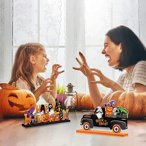 Miniatura 6 de Soaoo 6 piezas de centros de mesa de madera de Halloween, decoración de centro de mesa de madera de Halloween, letreros de calabaza, gnomo, sombrero