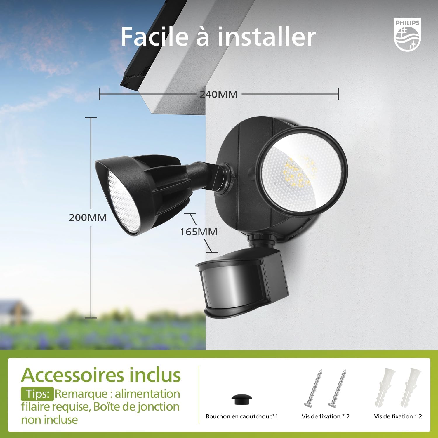 Diagram showing the dimensions of the Philips security light and the included accessories: rubber plug, two types of screws.