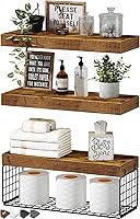 QEEIG Over Toilet Bathroom Shelves Set of 3 - Wall Mounted Floating Storage with TP Basket, Rustic Farmhouse Decor, 16 Inch Rustic Brown