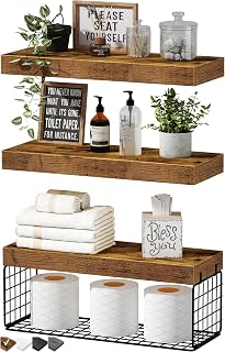 QEEIG Over Toilet Bathroom Shelves Set of 3 - Wall Mounted Floating Farmhouse Storage with Toilet Paper Basket, Rustic Brown 16"