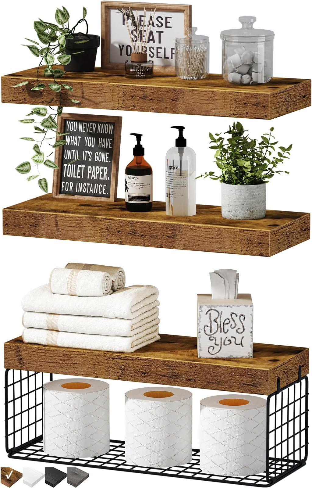 QEEIG Bathroom Shelves Over Toilet - Wall Mounted Floating Shelves Toilet Paper Storage Small Farmhouse Decor Shelf 16 inch Set of 3, Rustic Brown (019-BN3)