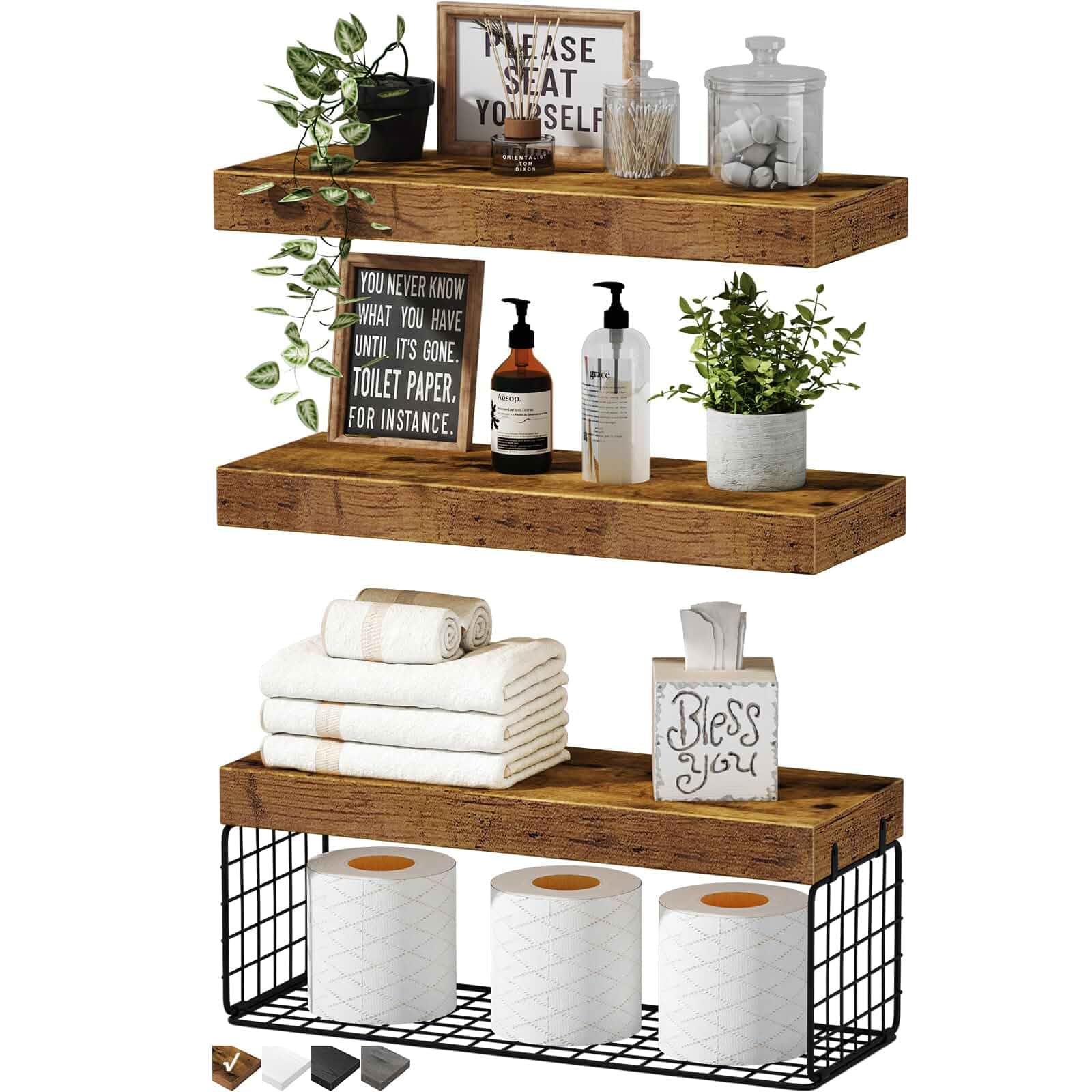 QEEIG Bathroom Shelves Over Toilet Wall Mounted (Brown, Set of 3, 15.7") 16 inch Small Floating Shelves with Paper Storage for Farmhouse Display Decor, Rustic Vanity Area Organizer Sets (019-BN3)