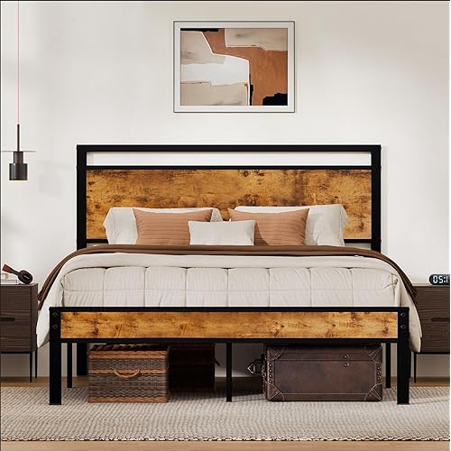 Z-hom Queen Bed Frame with Modern Wood Headboard & Footboard, Upgraded Heavy Duty Metal Sturdy Bed Frame Queen Size, Stable Platform Bed Furniture Bed Storage, No Noise, No Box Springs, Vintage Brown