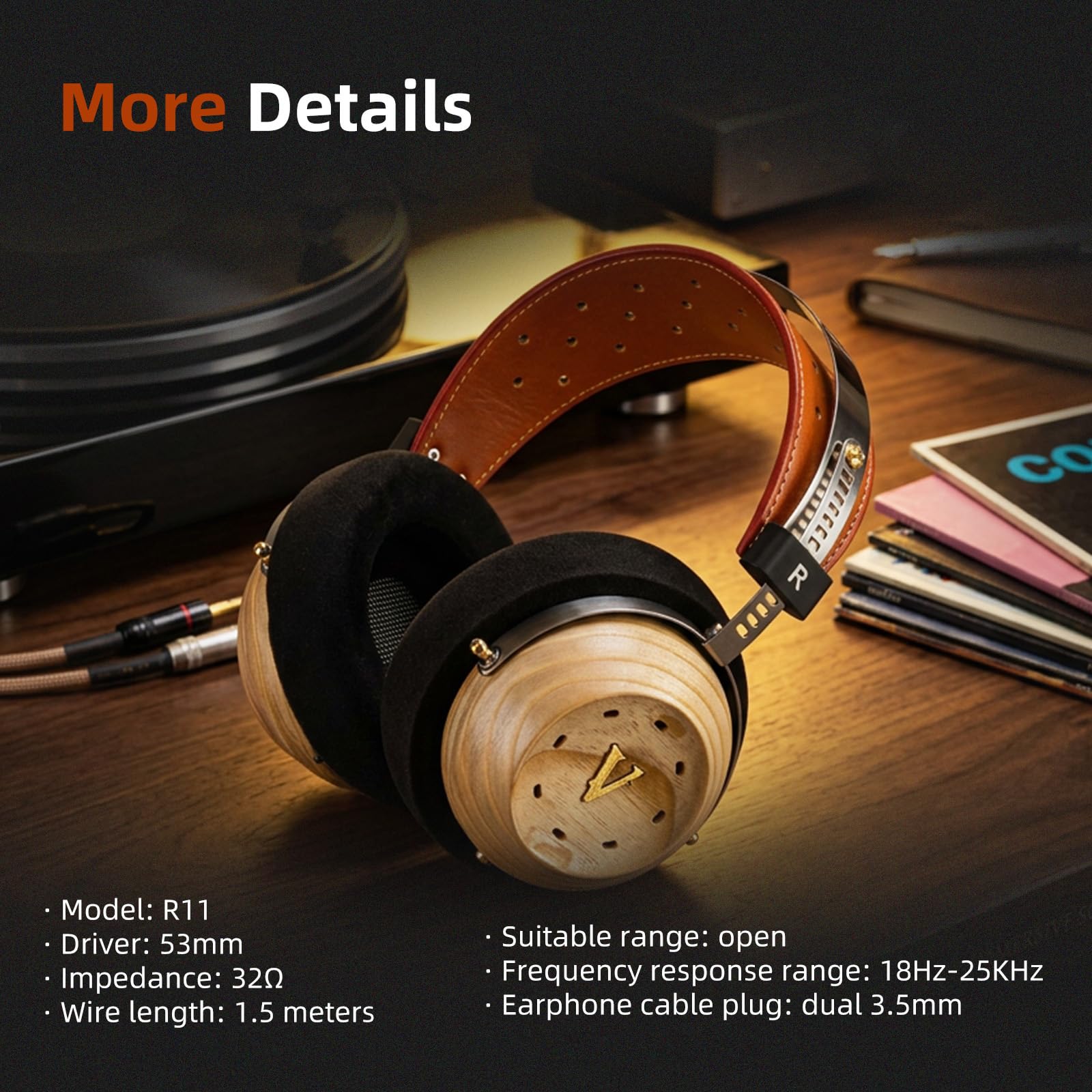 okcsc Cuffie retrò R11 con retro aperto, con driver in lega di magnesio da 53 mm, padiglioni auricolari in legno naturale e un cavo audio da 3,5 mm, ideali per l'uso quotidiano, ascoltare musica e